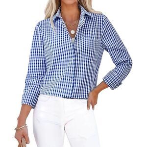 Plaid Button Down Gingham Top, Size Large, 15K-156T002